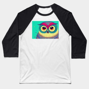 Colorful Owl Portrait Illustration - Bright Vibrant Colors Bohemian Style Feathers Psychedelic Bird Animal Rainbow Colored Art Baseball T-Shirt